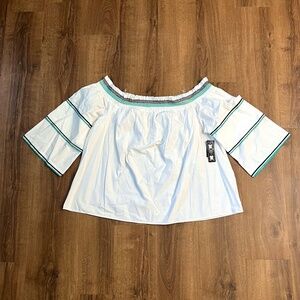 crown & ivy White Off-Shoulder Blouse with Green & Teal Trim